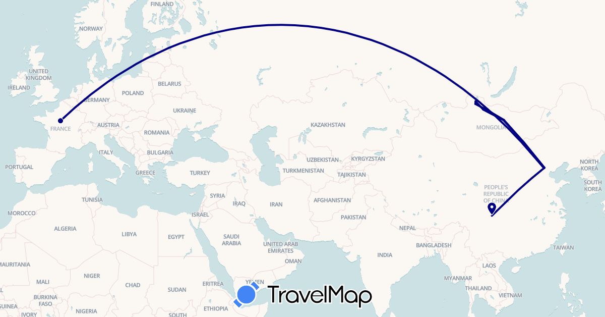 TravelMap itinerary: driving in China, France, Mongolia (Asia, Europe)